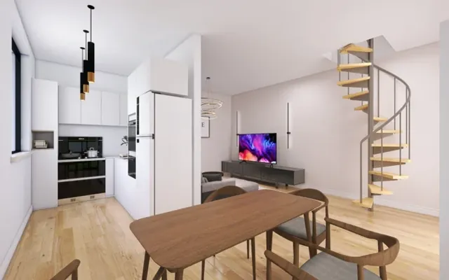 Rendering 3D di cucina e salotto di un bilocale a Milano