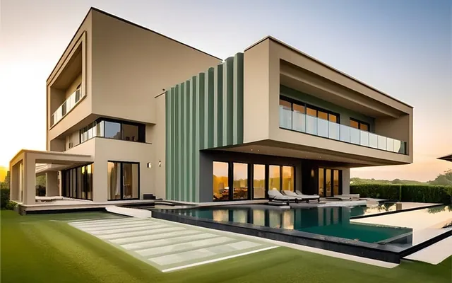 Rendering di una villa moderna con piscina al tramonto