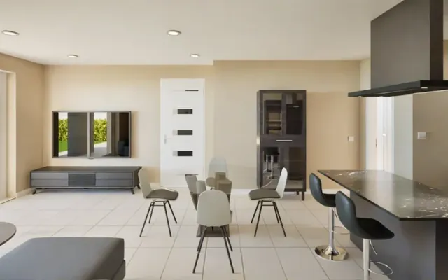Virtual rendering del salotto con cucina di una villa bifamiliare
