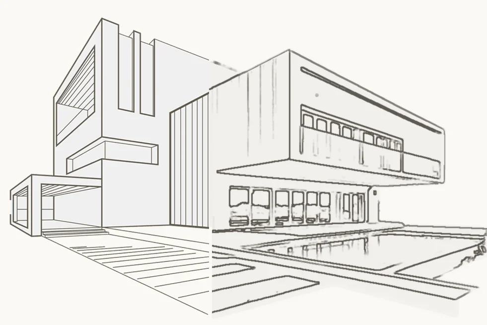 Il disegno di progetto di una villa moderna su due piani con piscina