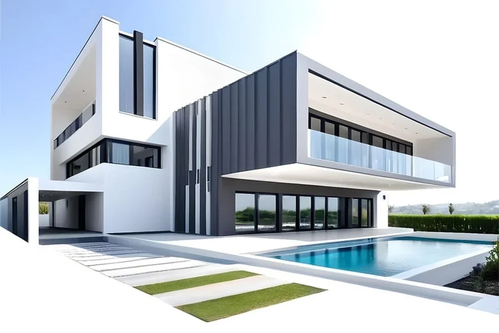 La stessa villa nel rendering: intonaco bianco, rivestimento scuro, vetrate e piscina